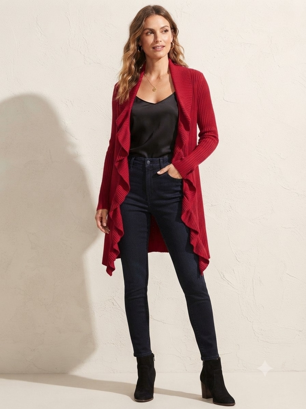 Chico's Women's Red Ribbed Ruffle-Front Cardigan